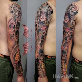 Tattoo Colorful Sleeve on the forearm motif: sleeves style: japanese / irezumi