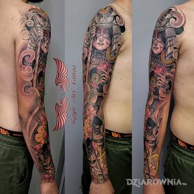 Tatuaż Kolorwy Rękaw na ramieniu motyw: rękawy styl: japońskie / irezumi