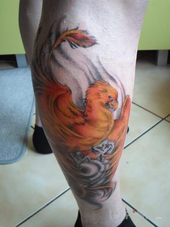 Tattoo Feniks in 3D motif on the calf