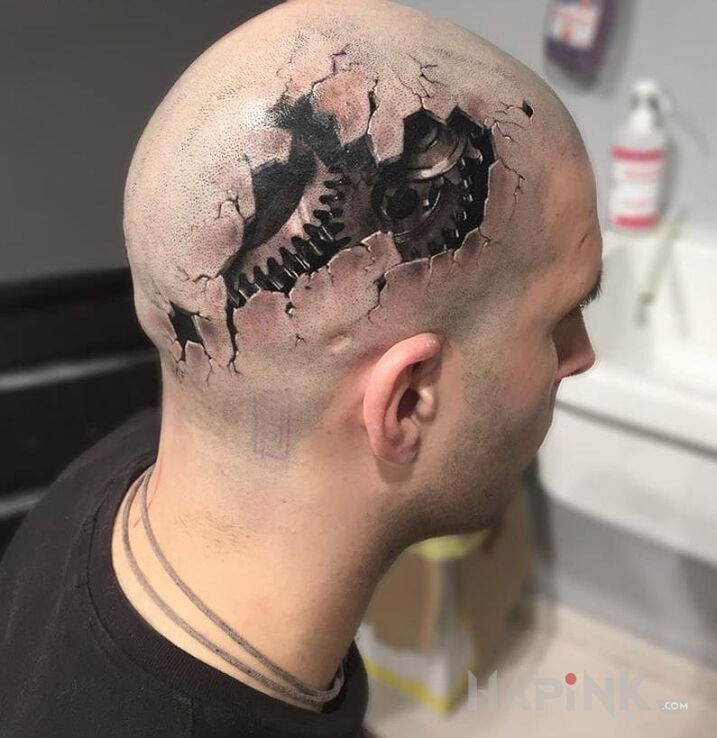 Tattoo Koła i zębatki in 3D motif and biomechanics style on the head