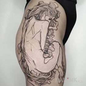 Tattoo Crouching Girl on the thigh motif: black and gray style: graphic / illustrative