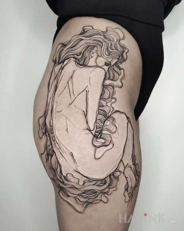 Tattoo Skulona dziewczyna in characters motif and graphic / illustrative style on the thigh