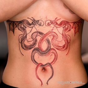 Tatuaż Czarny i czerwony smok na brzuchu motyw: fantasy styl: graficzne / ilustracyjne