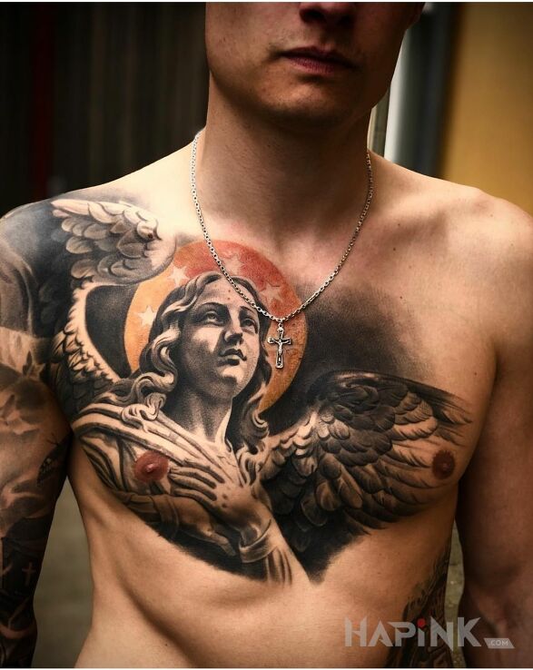 Tattoo Aniele stróżu mój in religious motif and realistic style on the chest