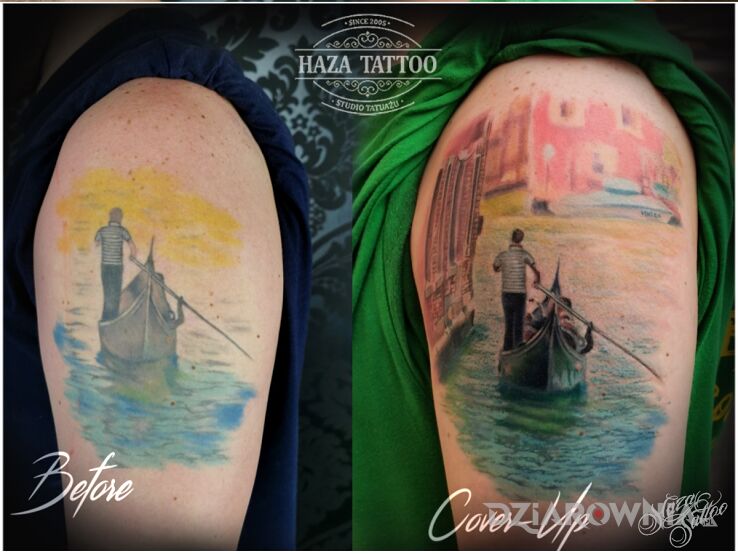 Tatuaż gondola wenecja w motywie kolorowe i stylu graficzne / ilustracyjne na ramieniu