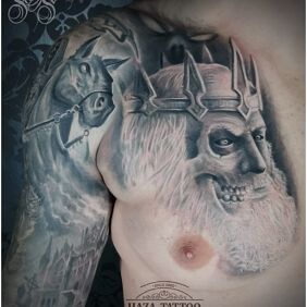 Tattoo Dark king on the shoulder motif: fantasy style: realistic