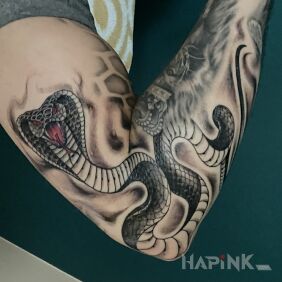 Tattoo Cobra on the bicep motif: black and gray style: graphic / illustrative