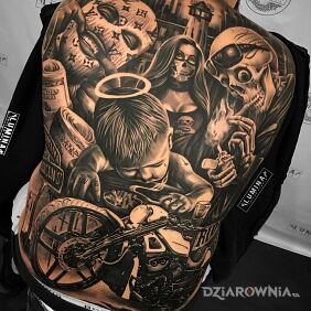 Tatuaż Gangsta paradise na plecach motyw: czaszki styl: realistyczne