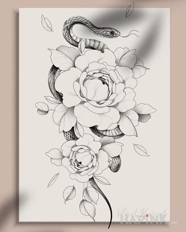 Designs wąż w kwiatach - contour / linework