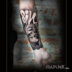 Tattoo Chicano on the forearm motif: faces style: realistic