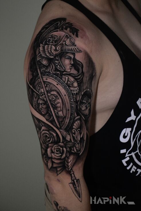 Tattoo Rozpoczęcie rękawa od #vean_sschesnok in faces motif and realistic style on the upper arm
