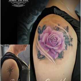 Tattoo Rose, color cover On the arm motif: flowers style: realistic