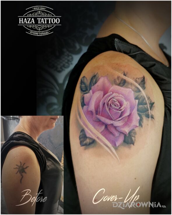 Tatuaż róża  kolor cover w motywie cover up i stylu realistyczne na ramieniu
