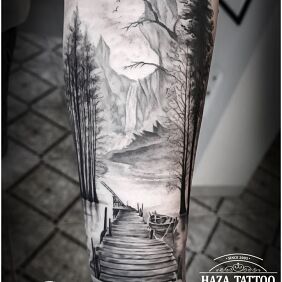 Tattoo Landscape, pier, forest On the arm motif: nature style: realistic