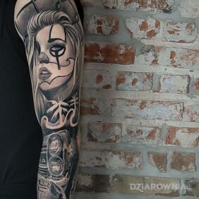 Tatuaż Pół rękaw chciano na ręce motyw: czarno-szare styl: chicano