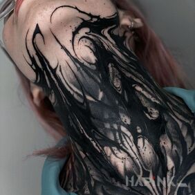 Tattoo Taken over by venom on the throat motif: black and gray style: blackwork / blackout