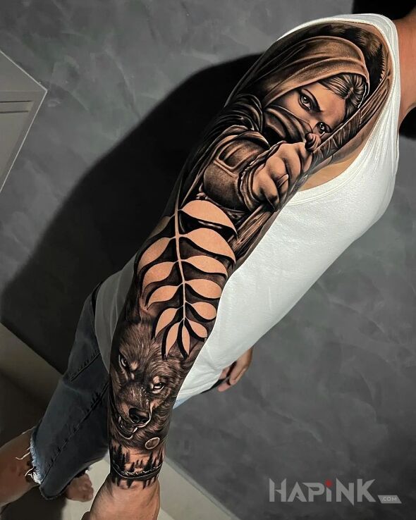 Tattoo Łowczyni in black and gray motif and realistic style on the forearm