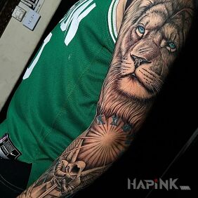 Tattoo Lion and angel, two buddies On the arm motif: religious style: realistic