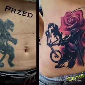 Tattoo Cover on the stomach motif: colorful style: graphic / illustrative
