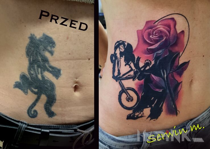 Tattoo Cover in colorful motif and graphic / illustrative style on the stomach