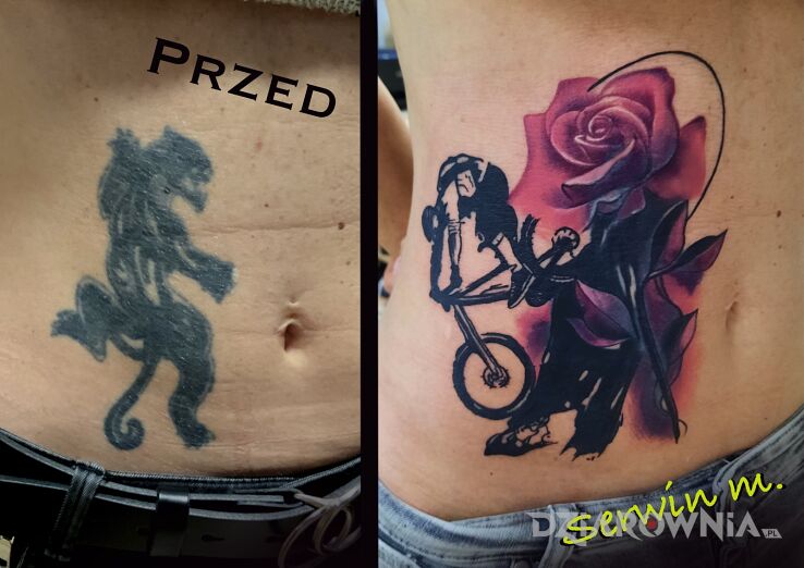 Tatuaż cover w motywie postacie i stylu graffiti na brzuchu
