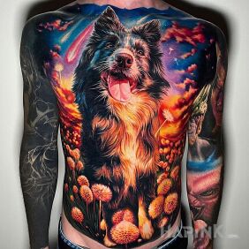 Tattoo Super dog on the chest motif: 3D style: realistic