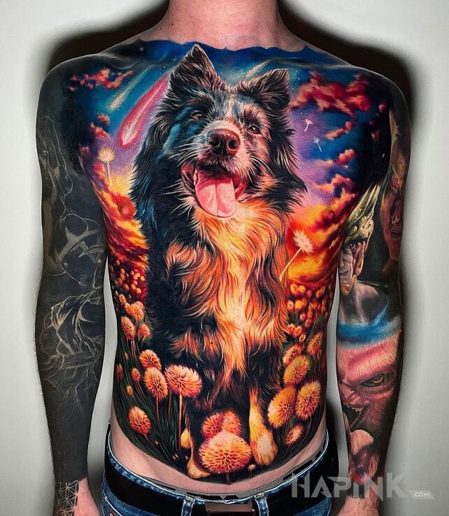 Tattoo Super pies in colorful motif and blackwork / blackout style on the chest
