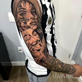 Tattoo Mask off On the arm motif: sleeves style: chicano