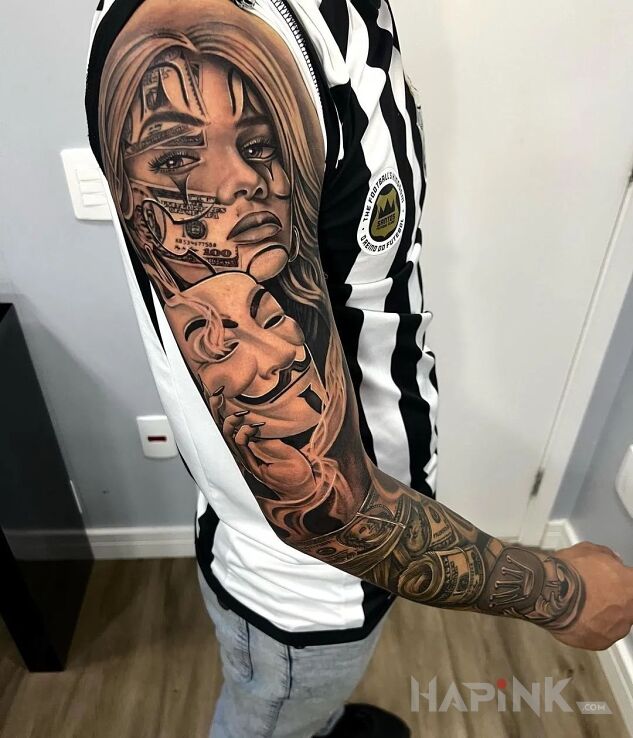 Tattoo Mask off in objects motif and realistic style On the arm