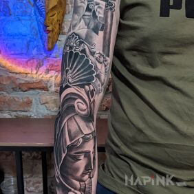 Tattoo Half sleeve on the forearm motif: faces style: realistic