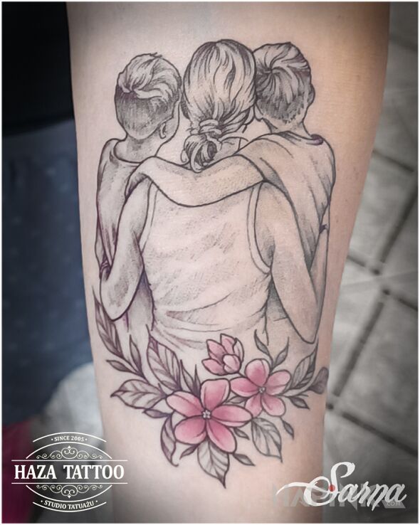 Tattoo Family in characters motif and graphic / illustrative style on the upper arm