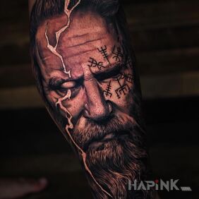 Tattoo Odin with lightning in his eye on the calf motif: 3D style: realistic