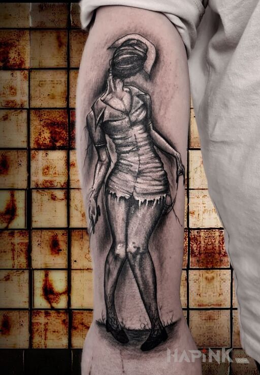 Tattoo Silent Hill - pielęgniarka in dark motif and graphic / illustrative style On the arm