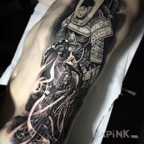 Tattoo Samurai on the ribs motif: characters style: realistic