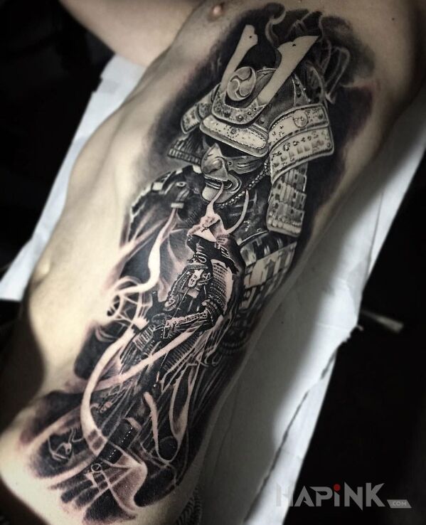 Tattoo Samuraj in characters motif and realistic style on the ribs