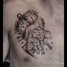 Tattoo Family on the chest motif: black and gray style: realistic