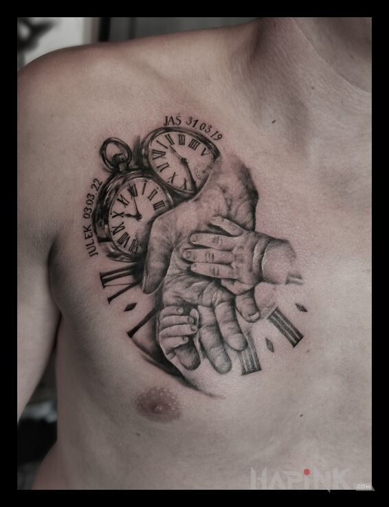 Tattoo Familijny in objects motif and realistic style on the chest