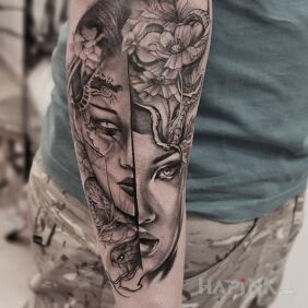 Tattoo Two faces/two sides On the arm motif: animals style: realistic