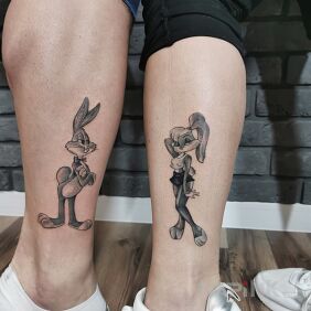 Tattoo Couple tattoo on the calf motif: funny style: graphic / illustrative