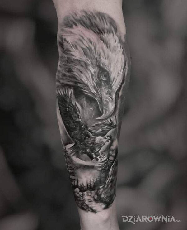 Tatuaż orzeł- klasyka w motywie czarno-szare i stylu realistyczne na ręce