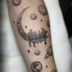 Tattoo The universe is family On the arm motif: characters style: dotwork