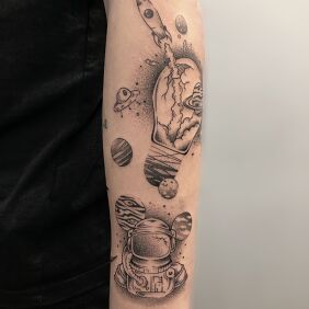 Tattoo Space discoveries on the forearm motif: cosmos style: graphic / illustrative