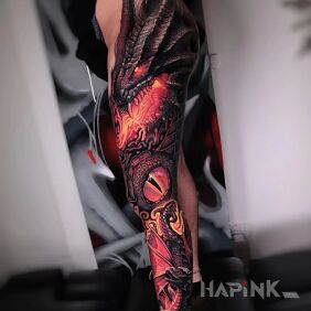 Tattoo Fire is his element on the leg motif: dragons style: realistic