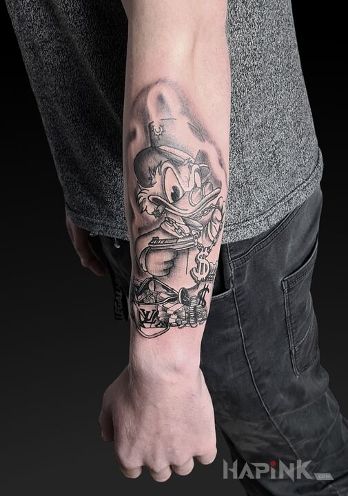 Tattoo Sknerus in characters motif and graphic / illustrative style on the forearm