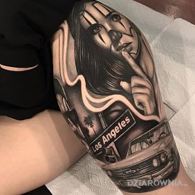 Tatuaż Impala na udzie motyw: twarze styl: chicano
