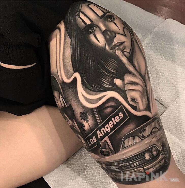 Tattoo Impala in black and gray motif and chicano style on the thigh