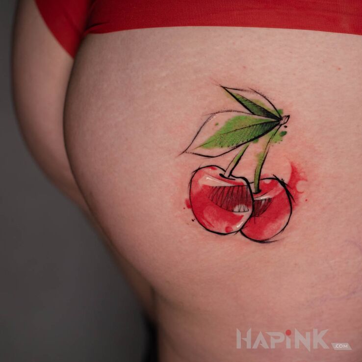 Tattoo Wiśnie in other motif and Watercolor style on the buttocks