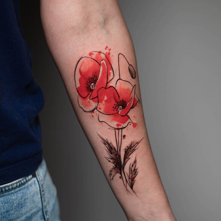 Tatuaż maki w motywie kwiaty i stylu szkic na plecach
