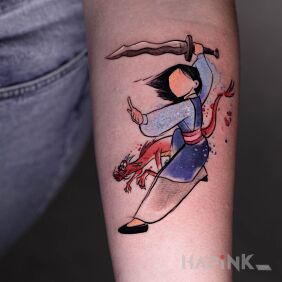 Tattoo Mulan On the arm motif: colorful style: graphic / illustrative