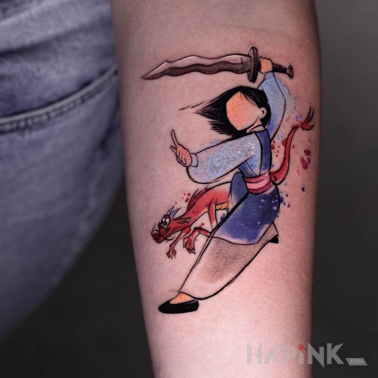 Tattoo Mulan in characters motif and graphic / illustrative style on the forearm
